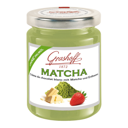 Weiße Schokoladencreme mit Matcha und Erdbeere von Grashoff im Glas