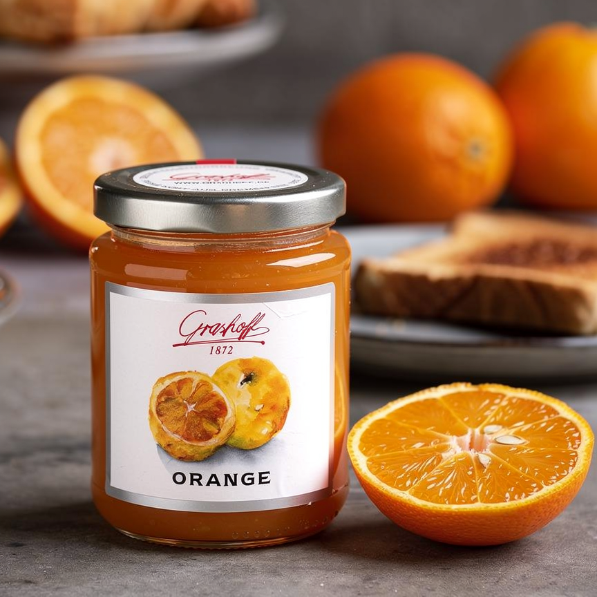 Ein Glas Orangenmarmelade von Grashoff. Daneben und im Hintergrund Orangen und eine Scheibe Toast auf einem Teller.