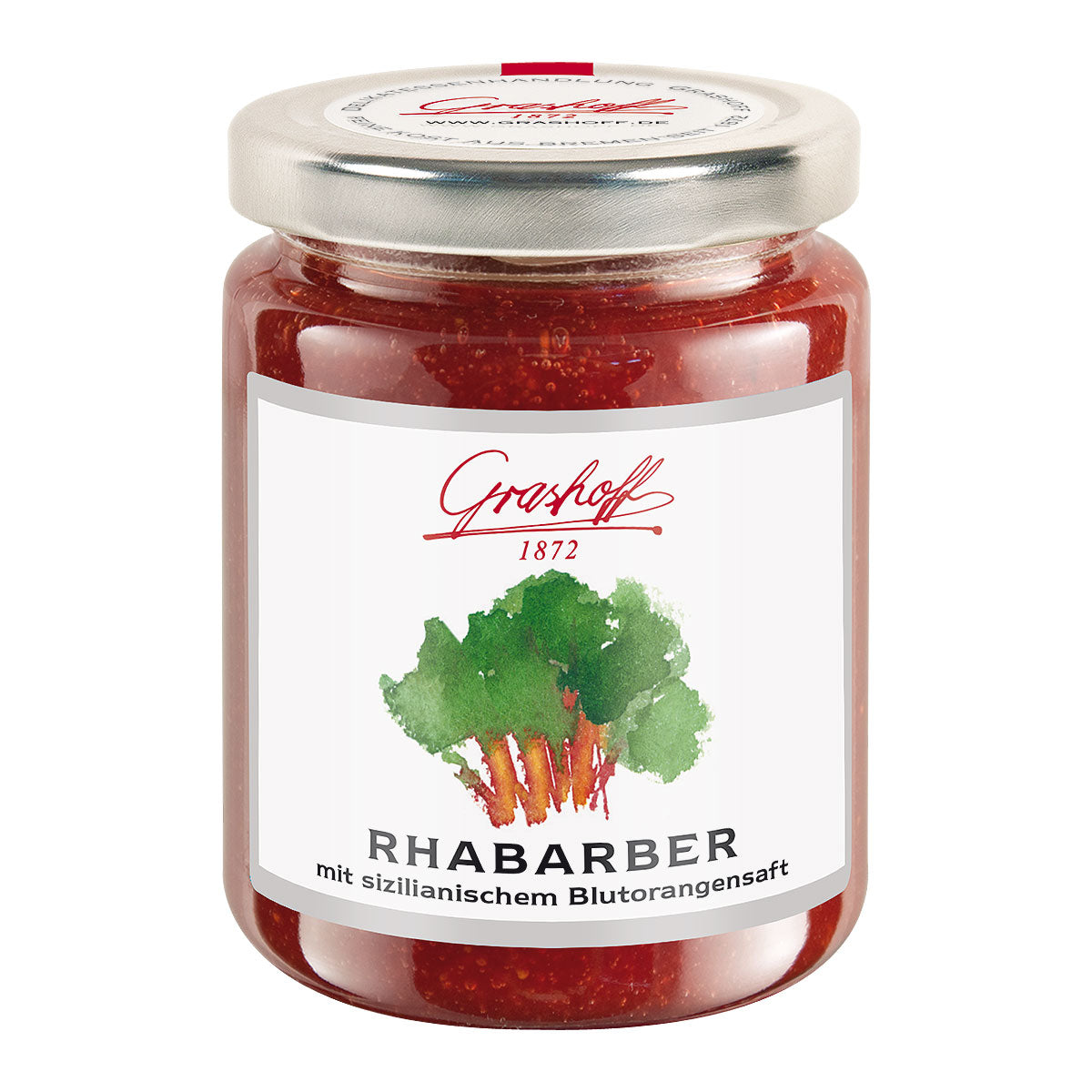 Rhabarberkonfitüre mit sizilianischem Blutorangensaft Konfitürenglas